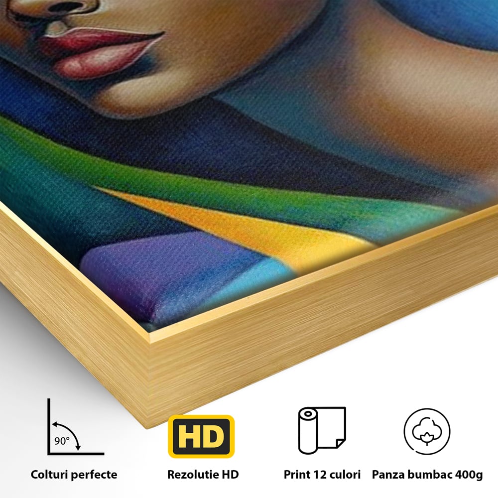 Detaliu al suprafetei: tablou canvas cu portret feminin geometric, in rama de aluminiu auriu